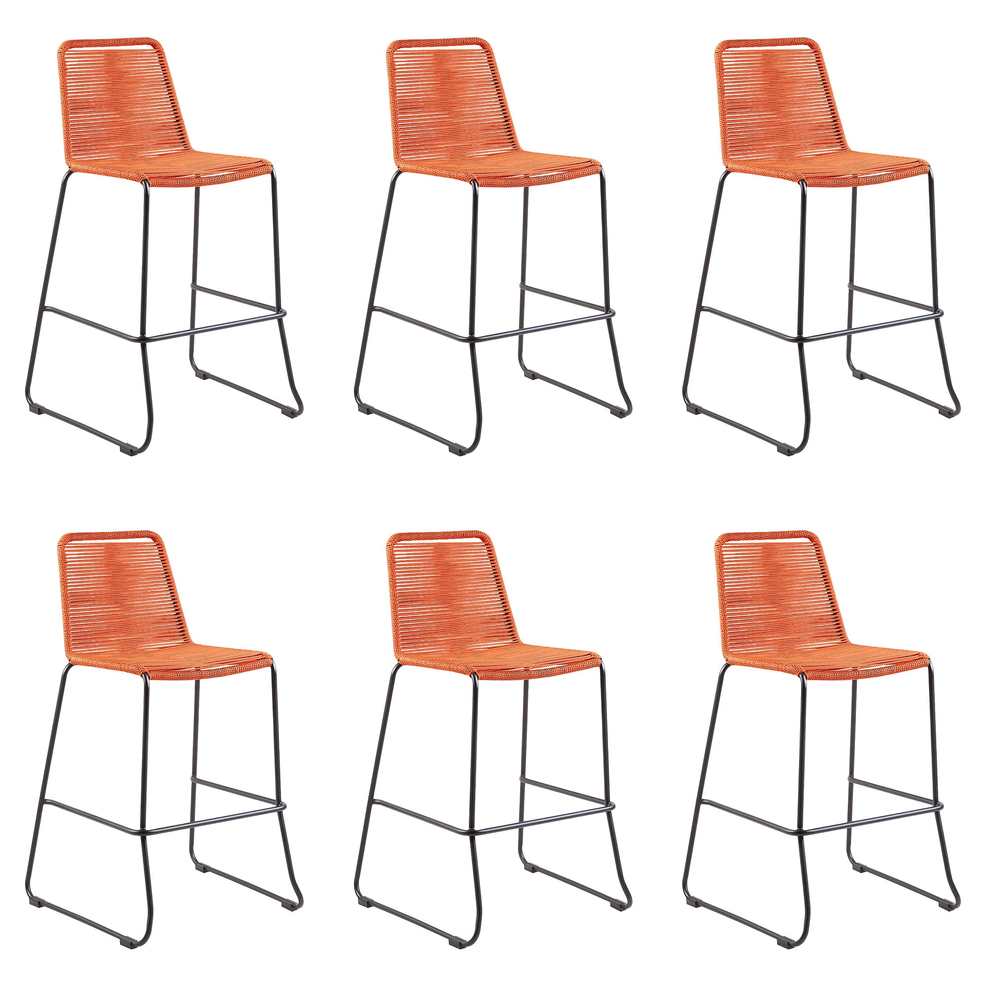 Shasta 30" Outdoor Metal and Tangerine Rope Stackable Barstool - Set of 6