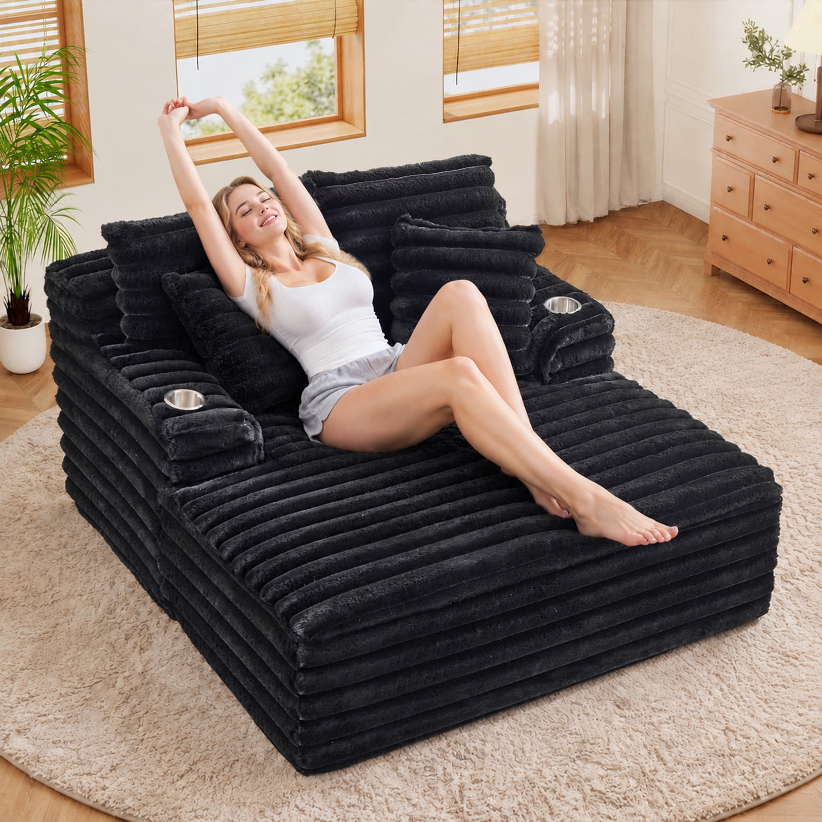 Lunale Oversized Chaise Lounge Chair Indoor Furniture, Boneless Cloud Couch with Cup Holders, Faux Fur Accent Chair for Living Room, Black