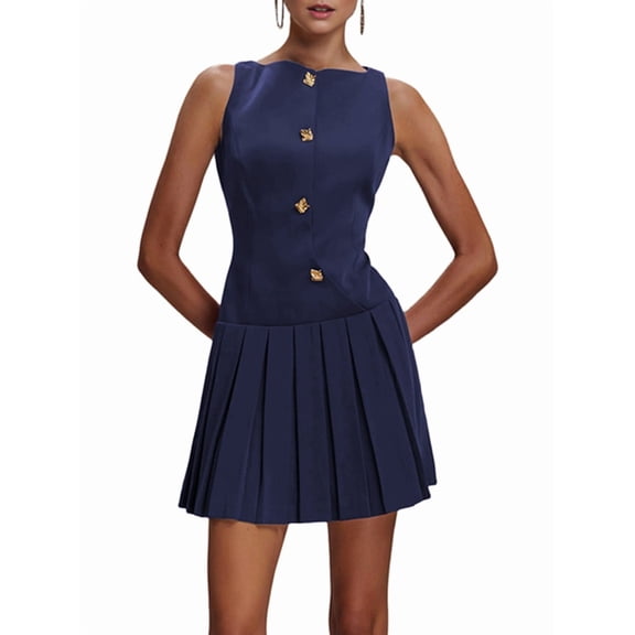 Women Sleeveless Business Work Office Mini Dress Sleeveless Button Formal Short Pleated Dress Royal Blue XL