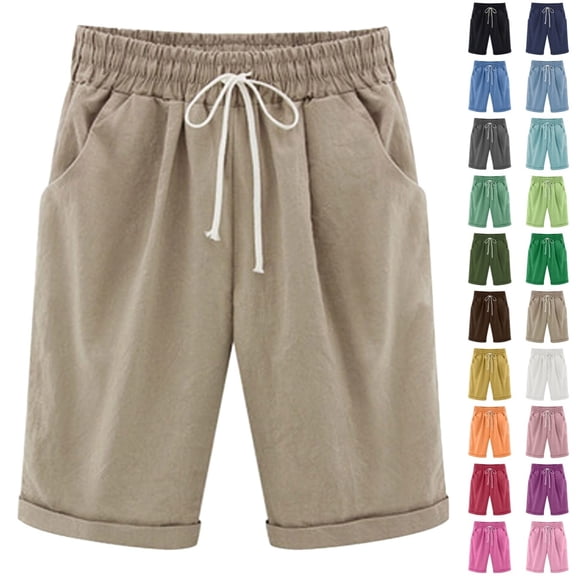 Bmisegm Summer Shorts for Women Plus Size Solid Color High Waist Elastic Waist Beach Workout Light Bermuda Shorts with Pocket Khaki XXXL
