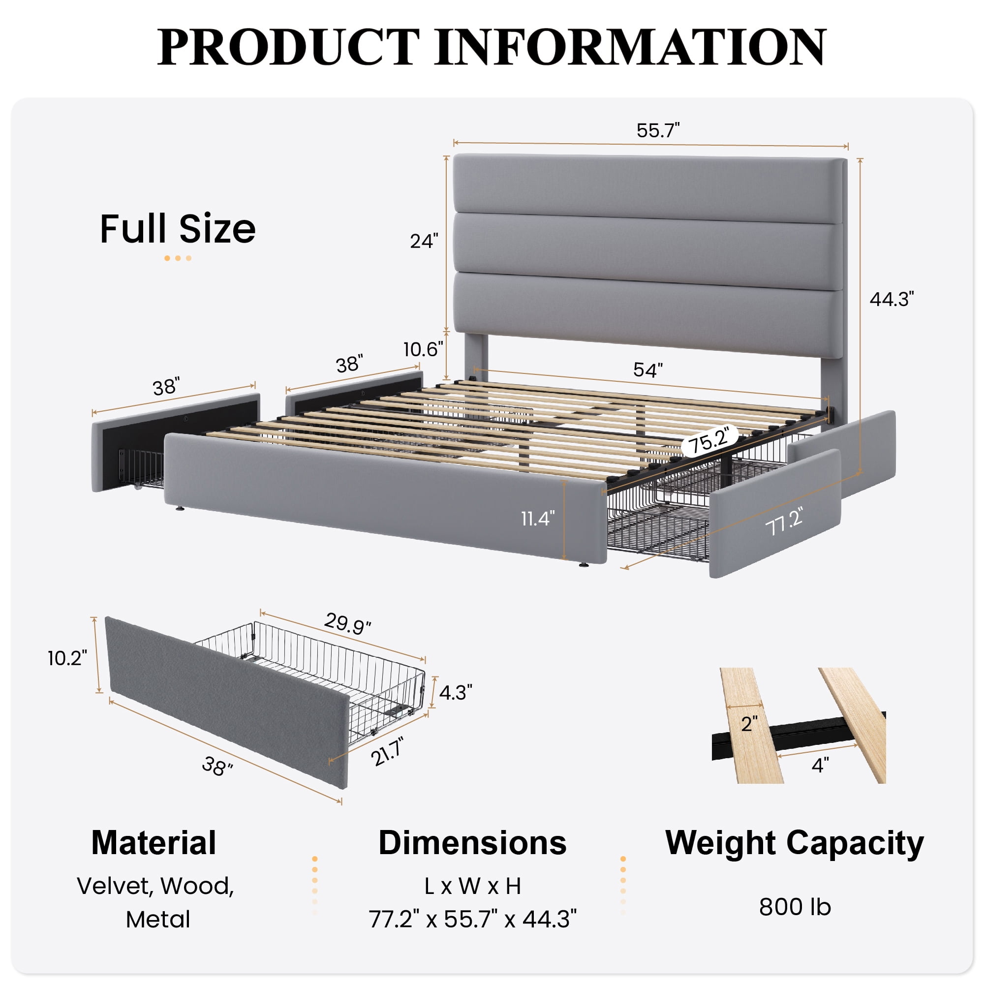Sha Cerlin Full Size Platform Bed Frame with 4 Storage Drawers, Velvet Upholstered Headboard, Gray