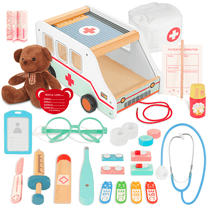 Woodmam Wooden Ambulance Doctor Kit for Kids, 37-Piece Pretend Play Medical Set with Plush Bear