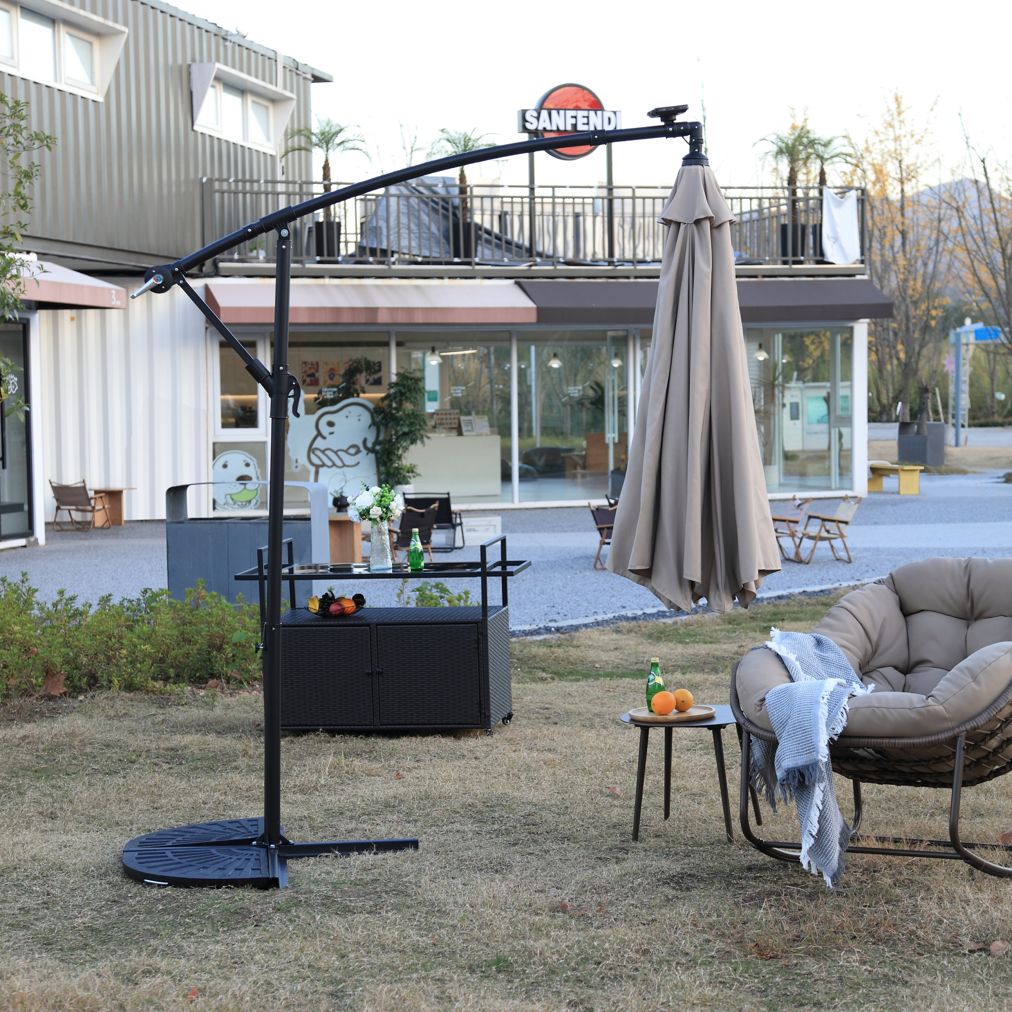 Leumius 10ft Solar LED Patio Umbrella, Offset Cantilever Outdoor Umbrella with 40 LED Lights, Infinite Tilt, 360 Degree Rotation, Crank Handle for Pool Deck Garden Backyard,Khaki(No Base)