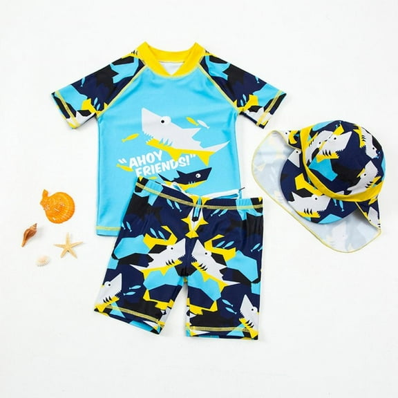 GYRATEDREAM 1-6Years Swimwear Bathing Suit Short Sleeve Rash Guard with Hat for Kids-Boys Swimsuits Swimwear Set