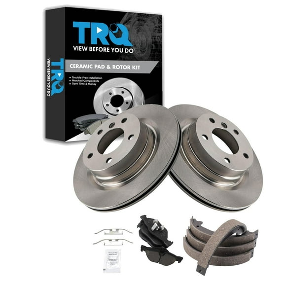 TRQ Rear Brake Pad & Rotor Kit Brake Pads Brake Rotor Parking Brake Shoe Set Ceramic Fits Select 2012-2013 BMW 328i