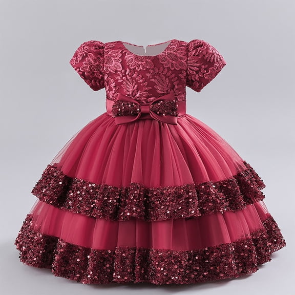 HOMADLES Toddler Girls Dress Roundneck Bow Stripe Soft Print Ruffed Layered Stretch Summer Princess Dress Dress Wine 80