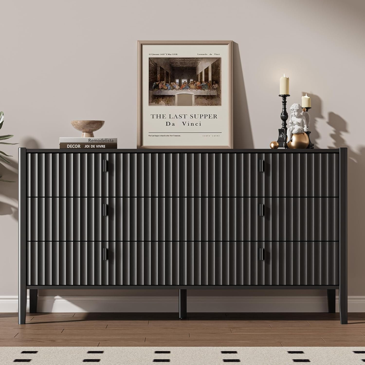 FURNIWAY Black 6 Drawer Dresser for Bedroom, Modern Wood Dresser, Fluted Design Double Chest of Drawers with Wood Legs, TV Stand Storage Cabinet for Bedroom, Living Rooms, Offices, and Entryways