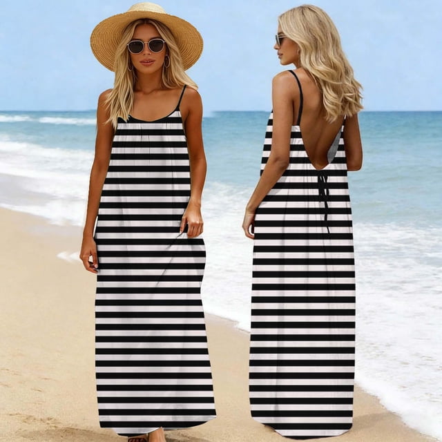 Ovbmpzd Robes pour Femmes à Rayures Maxi Dos Nu Robe Caraco Dames Bretelles Spaghetti Vacances Dos à Nouer Robe d'Été S