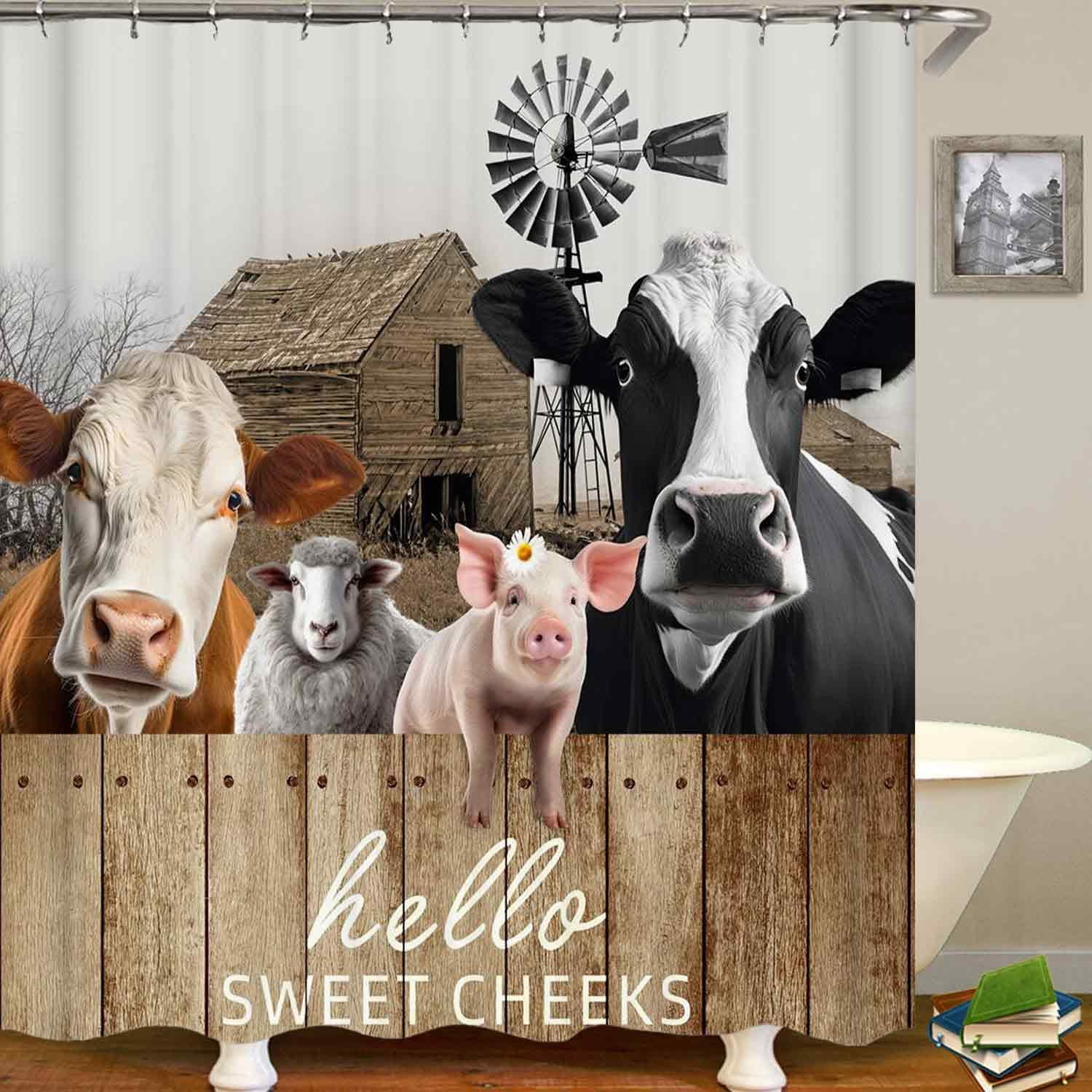 4PCS Funny Highland Cow Shower Curtain Set, Waterproof White Fabric Shower Curtain, Non-Slip Bath Mat Bathroom Rugs Sunflower Floral Farm Animal Western Country Rustic Farmhouse Bathroom Decor