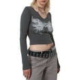 thumbnail image 4 of Qiylii Women's Crop Tops, V-Neck Long Sleeve Printing Slim Pullover T-shirt for Ladies, Dark Gray, 4 of 9