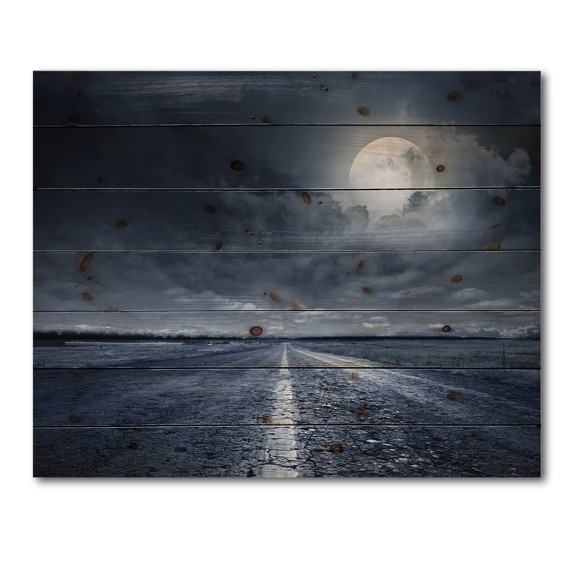 Designart 'Cloudy Full Moon Over Asphalt Road I' Nautical & Coastal Print on Natural Pine Wood