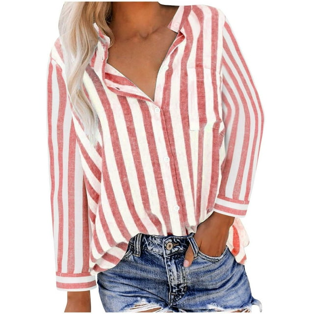 Women's Cotten Linen Striped Button Down Shirts Work Turndown Collar Roll-up Long Sleeve Tops Ladies Fall Outfits