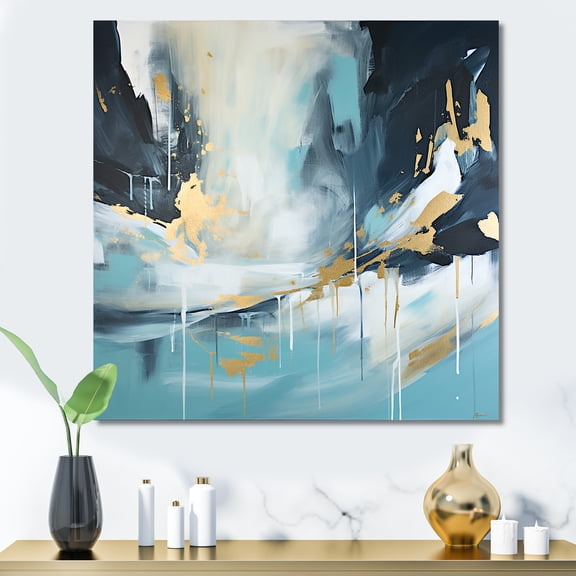 Designart "Abstract Expression in Gold and Blue II" Abstract Wall Art - Modern Blue Abstract Painting Hallway Wall Art Decor