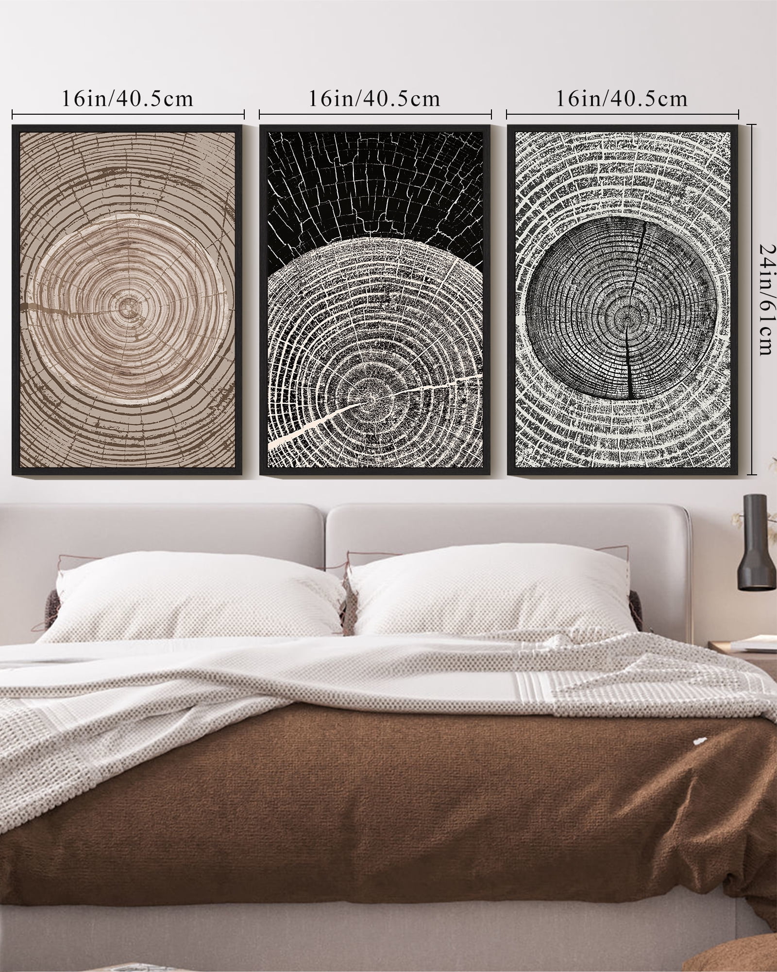 SHENIFY Vintage Wood Tree Rings Wall Art 16x24in3pcs Black Framed Farmhouse Rustic Canvas Paintings Living Room Bedroom Decor Nature Artwork