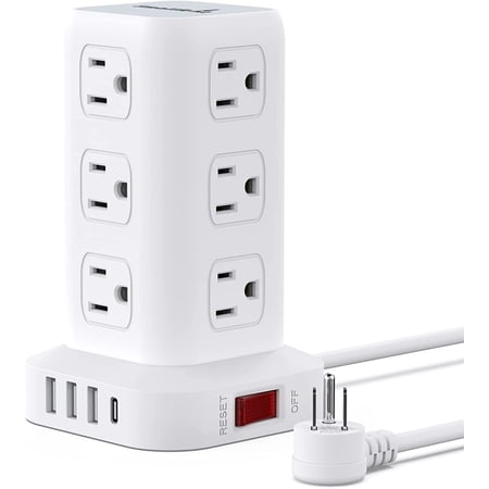 Power Strip Tower Surge Protector Power Strip with USB 12 Outlets with 4 USB Ports (1 USB C), Flat Plug 6.5FT Extension Cord Multi Plug Outlet Extender Overload Protection for Home Office