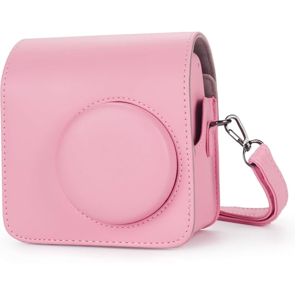 Instant mini SE Protective Camera Case Compatible with Instax Mini SE Film Camera, PU Leather Cover Bag with Pocket and Adjustable Shoulder Strap (Pink)