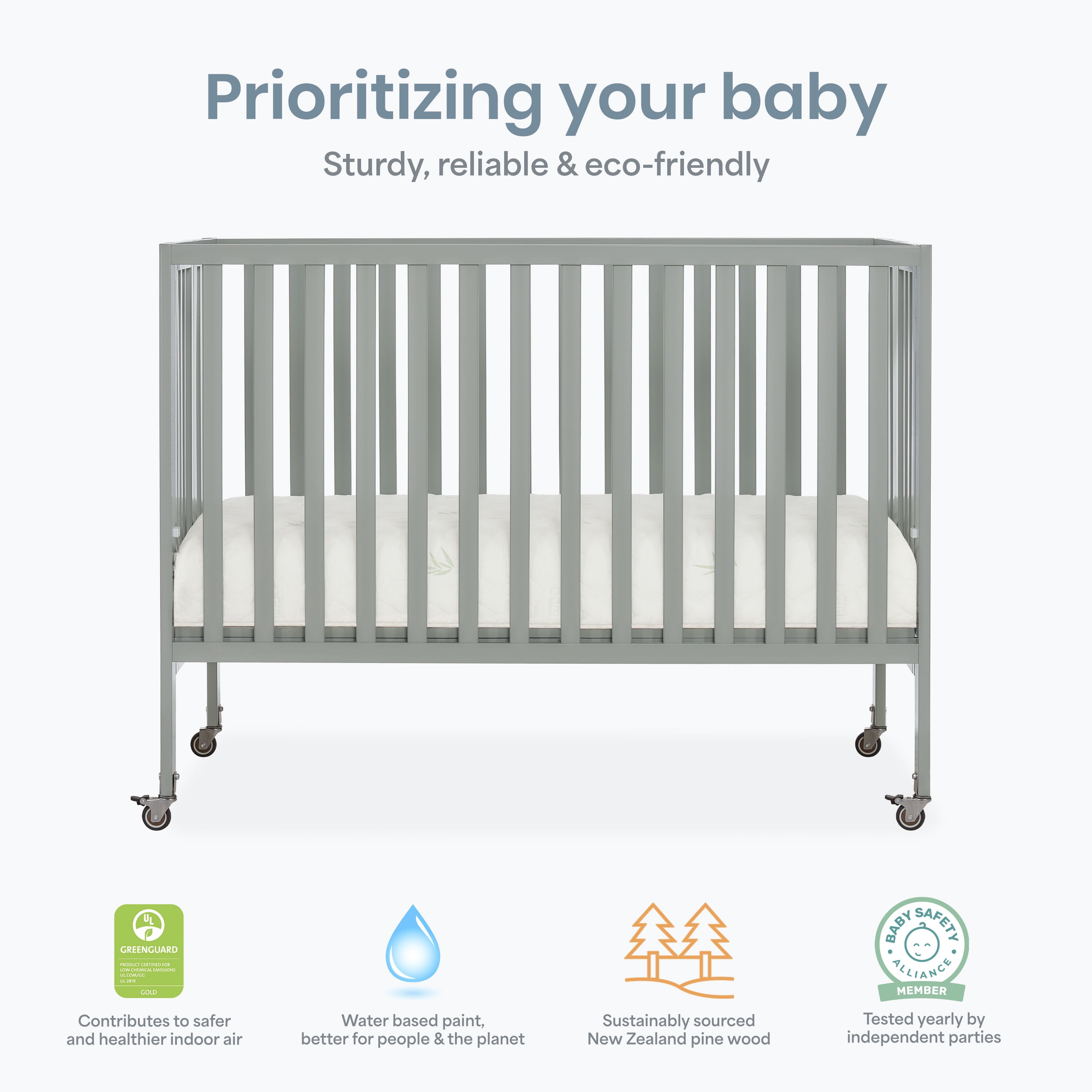 Dream On Me Quinn Full-Size Folding Crib, Removable Wheels, Modern Nursey, Adjustable Mattress Support, Patent Folding System in Cool Gray