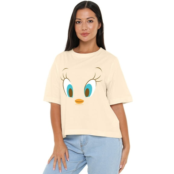 Looney Tunes Tweety Head Women's Boxy Cropped T-Shirt Casual Graphic Tee