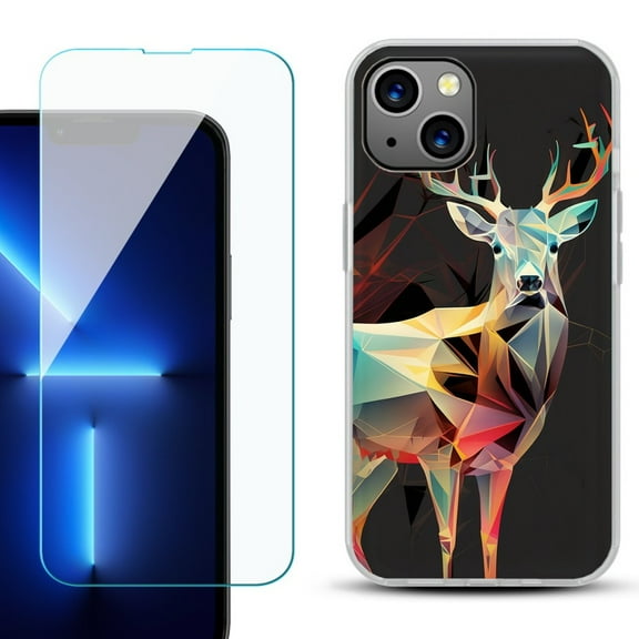 OneToughShield ® for iPhone 15 Plus Shockproof Phone Case, with Tempered Glass Screen Protector - Geometric Deer