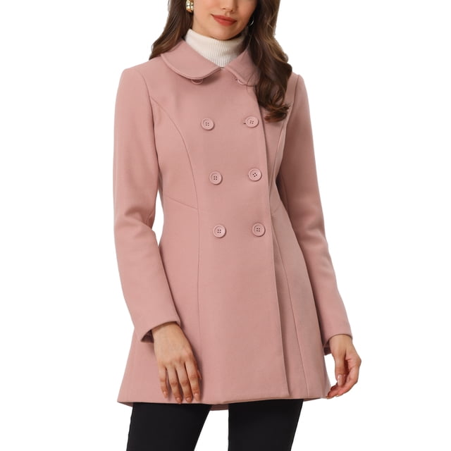 Abrigo largo de invierno de doble botonadura con cuello Peter Pan para mujer Inspire Chic en rosa polvo 3XL