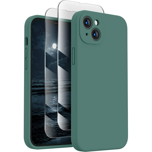 for iPhone 13 Case, Silicone Upgraded [Camera Protection] Phone Case with [2 Screen Protectors], Soft Anti-Scratch Microfiber Lining Inside, 6.1 inch, Midnight Green