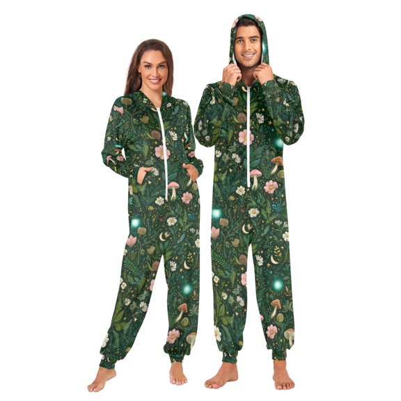 FORMRS Onesies Pajama for Adults Unisex Hoodie Winter Jumpsuit One Piece Sleepwear, Sizes S-2XL, Green Forest Pattern
