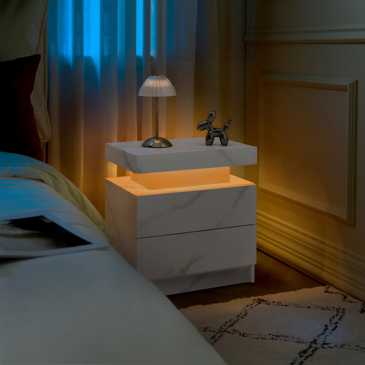 Nightstand with LED Lights, Modern Bedside Table with 2 Drawers and Open Storage, Adjustable RGB Light End Table for Bedroom Living Room Office, Matte White