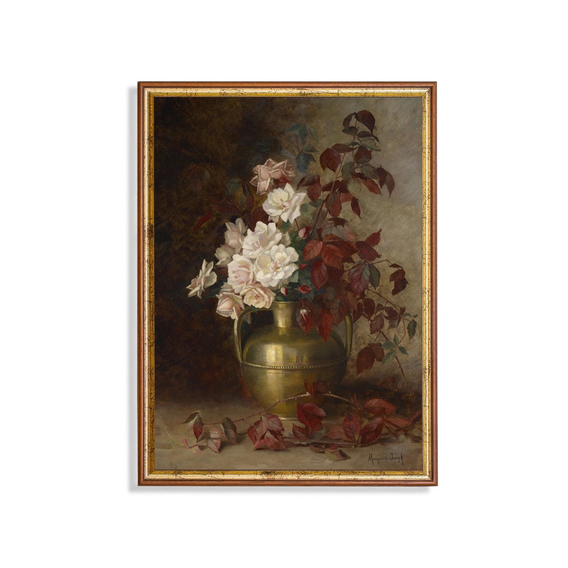 Vintage Rose Still Life Antique Floral In Golden Vase Wall Art Print Botanical Bedroom And Living Room Decor