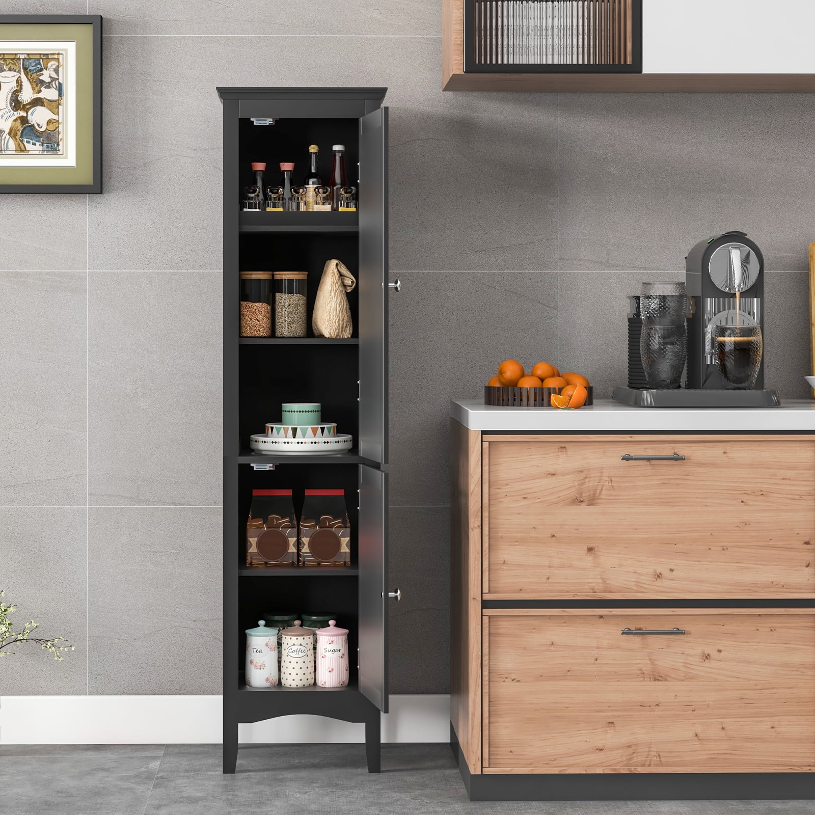 Patiojoy Freestanding Bathroom Storage Cabinet Tall Narrow Storage Cabinet with 1 Adjustable Shelf 1 Drawer and 2 Doors Black
