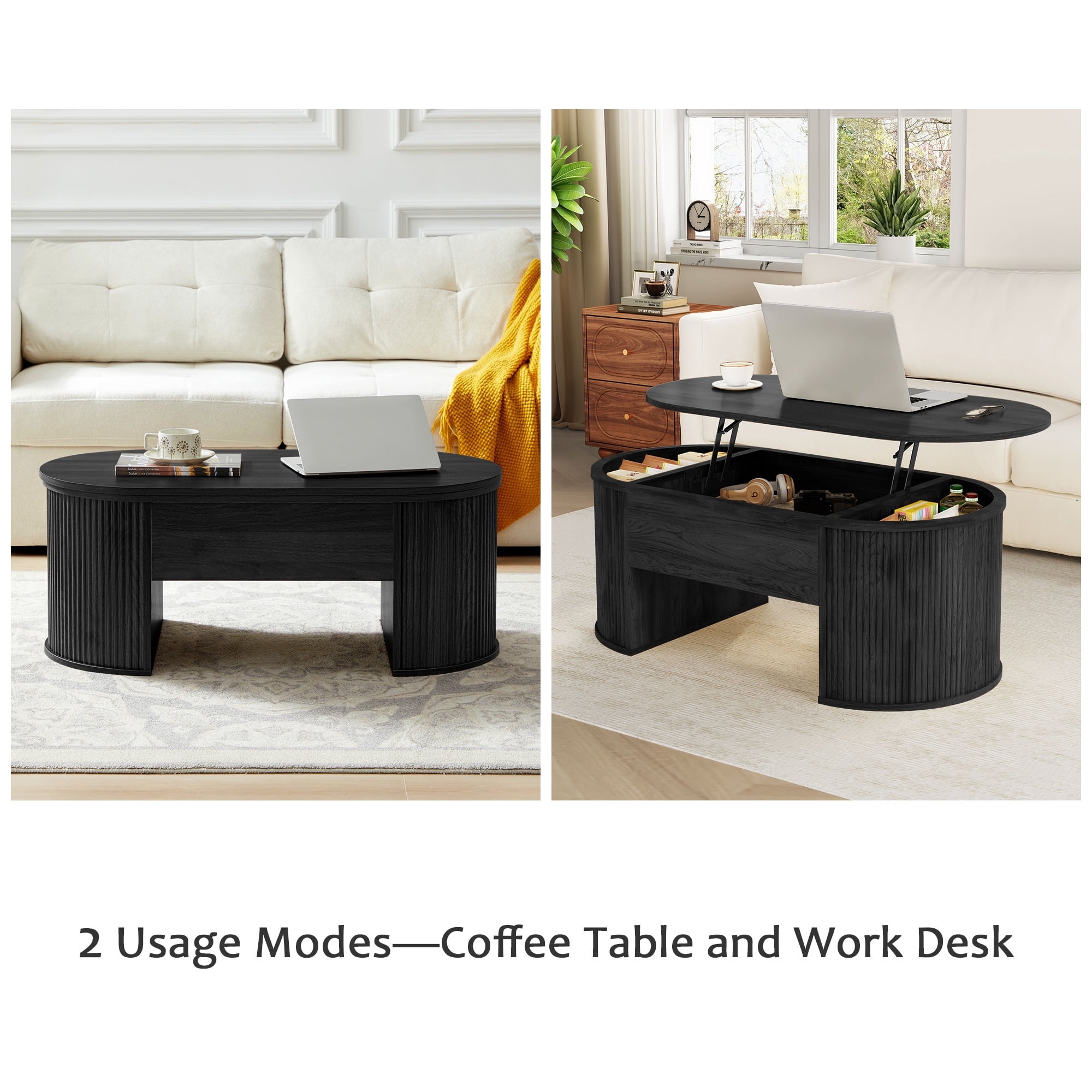 Wirrytor Lift Top Coffee Table with Storage and Open Storage Shelf, Oval Coffee Table  for Living Room, Elliptical Arc Design,Waveform Panel, Fluted Center Table,Black