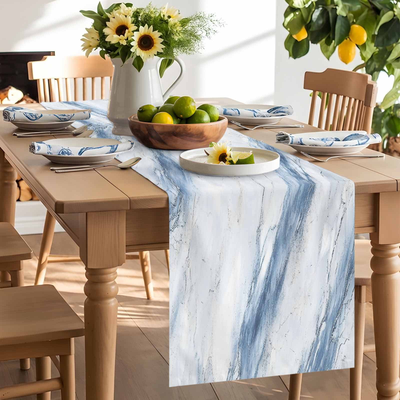 Abstract Marble Texture Table Runner 90 Inches Long, Modern Blue White Stone Art Table Runners Tabletop Scarf Kitchen Dining Tables Decoration for Home Party Indoor Outdoor