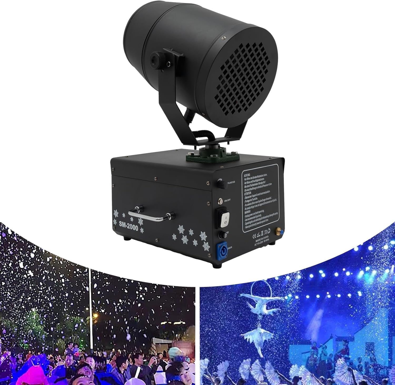 2000W Pro Snow Machine with Remote Control,Shaking Head Snow Machine Stage Show DJ Party Performance Intelligent Snowflake Effect Machine Spraying 3~5m for Outdoors Indoors,110V