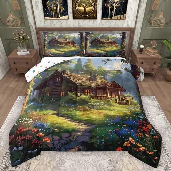 Manfei Vintage Rustic Cottage Bedding Comforter Set 2pcs for Female Men,Nature Scenery Twin Comforter Sets Microfiber,Colorful Floral Flowers Breathable Bedding Set,Microfiber Bedroom Decor