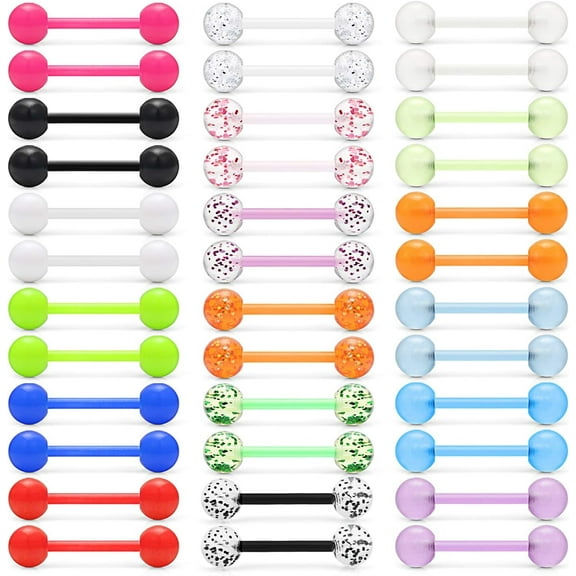36Pcs 14G Glow in Dark Flexible Acrylic Straight Tongue Barbell Nipple Ring Retainer Piercing Jewelry for Women Men 16mm Bar