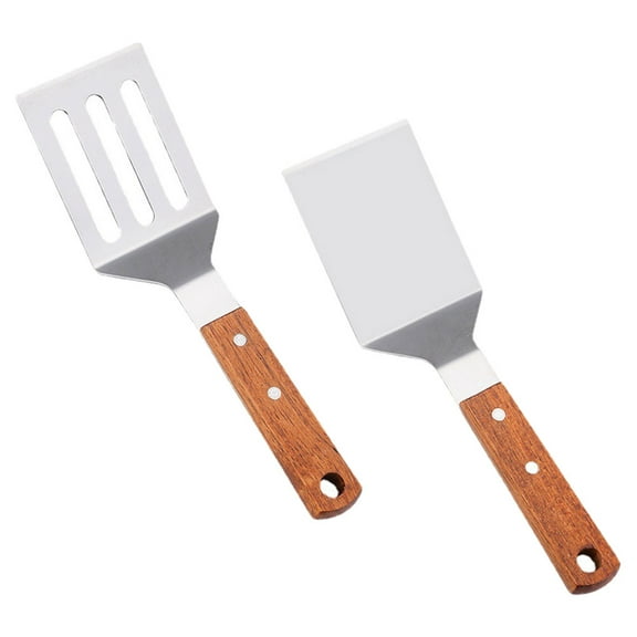 MEIBUTYUP Stainless Steel Spatula Turner Set 2pcs Heavy Duty Metal Cooking Spatulas with Wooden Handles for Frying Flipping Grilling