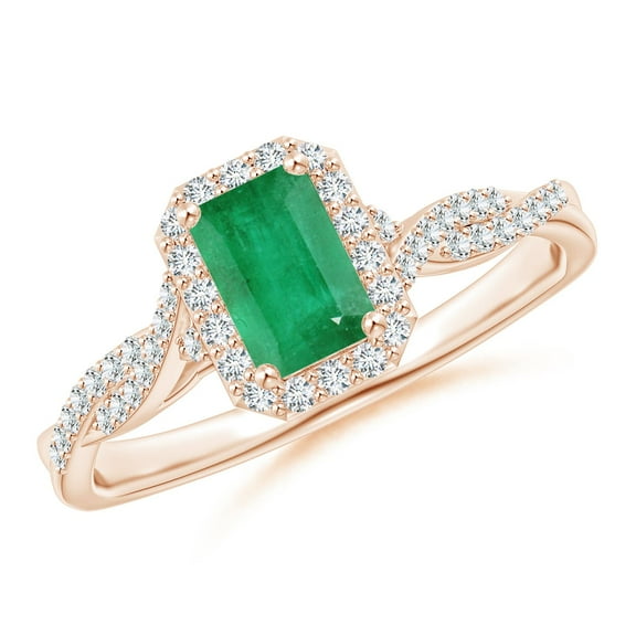 ANGARA Natural Emerald-Cut Emerald Halo Twisted Shank Ring in 14K Rose Gold for Women (Size-6x4mm) | May Birthstone, Birthday, Anniversary, Jewelry Gift for Women | Natural Emerald Ring