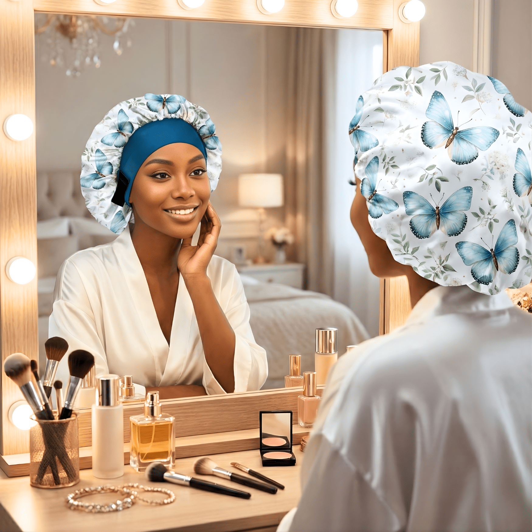 No Tie Wide Band Satin Bonnet for Sleeping, Non Slip Sleep Cap for Curly Hair Braids Locs, Floral Butterfly