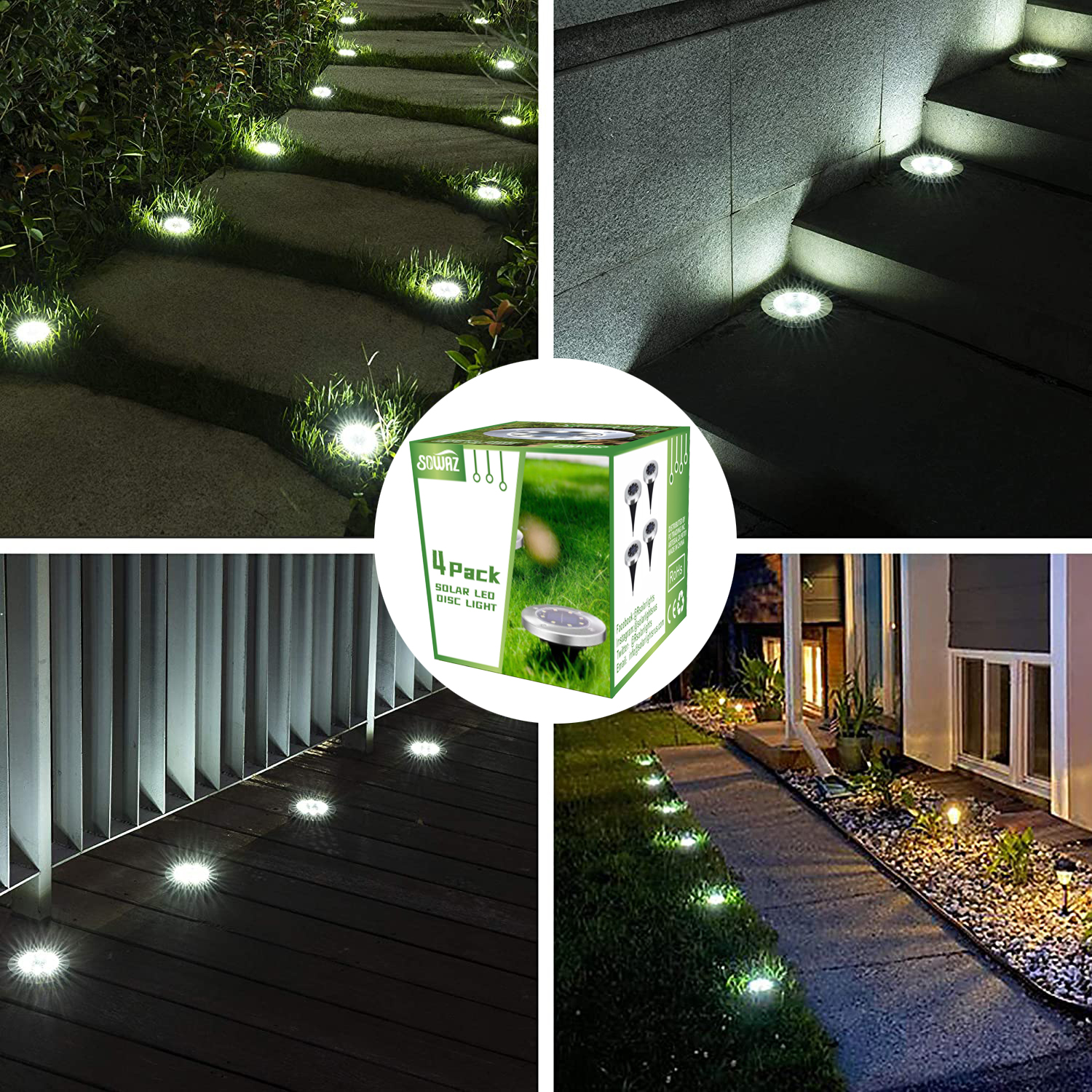 SOWAZ Solar Ground Lights,8 Leds Solar Disk Lights Powered, Waterproof  Garden Pathway Outdoor in-Ground Lights for Yard, Deck, Lawn, Patio and  Walkway (4 Pack) (White)