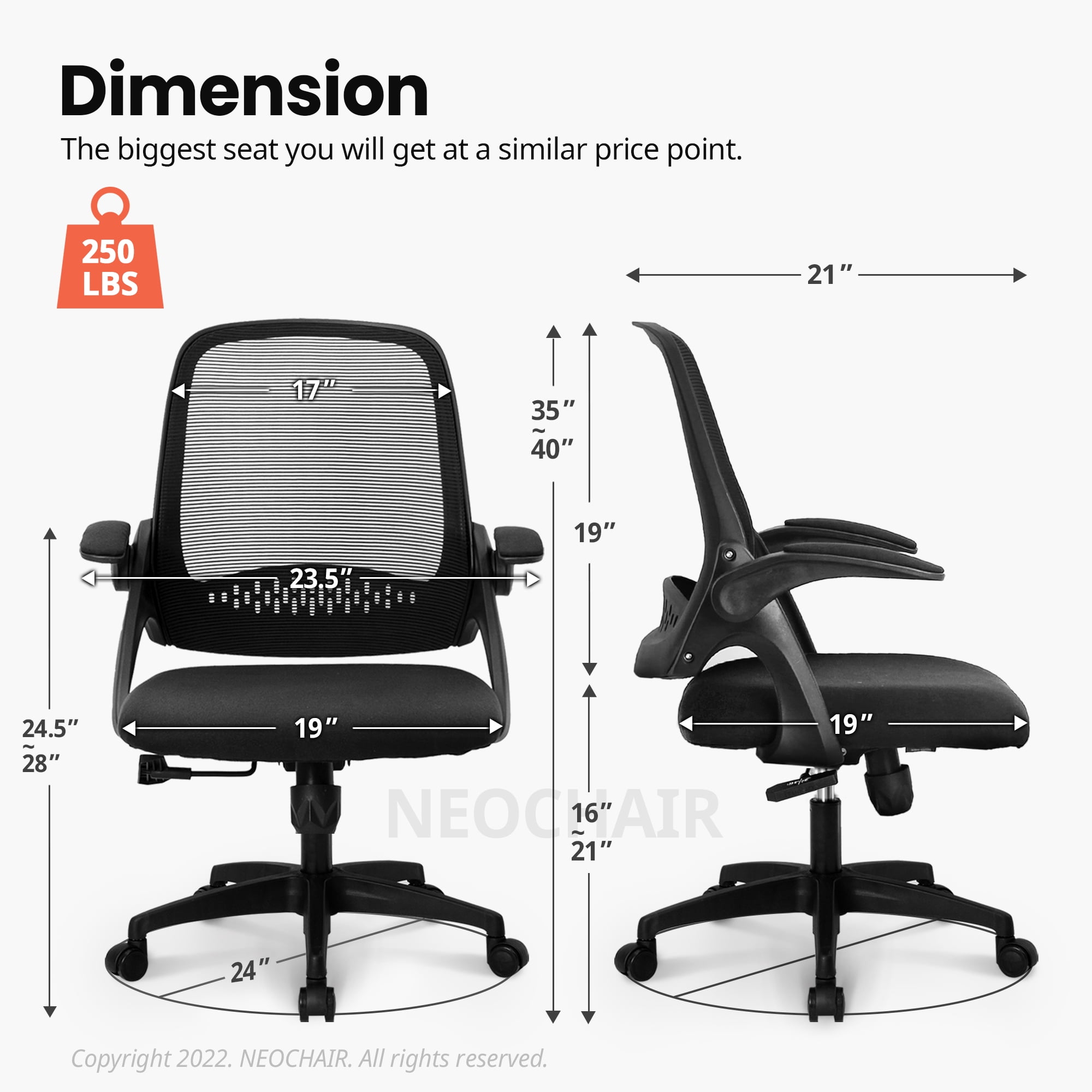 NEO CHAIR Office Chair, Flip-up Padded Armrests Desk Chair, Ergonomic Back Support, Black