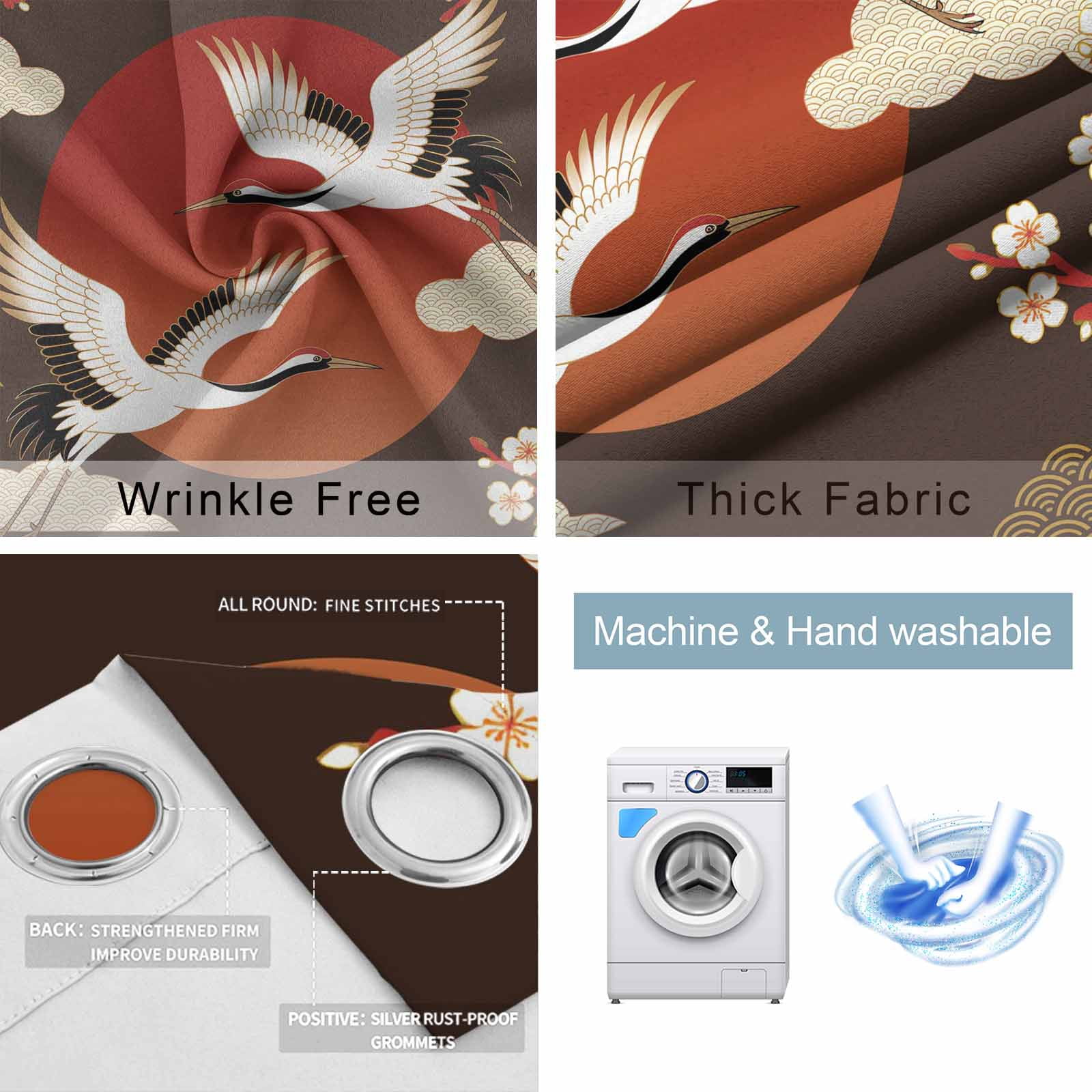 Japanese Style Blackout Curtains for Bedroom/Living Room, Thermal Insulated Kitchen Curtains, Modern Cranes Cherry Flower Wave Brown Grommet Darkening Window Treatment Drapes 52"x72"x2