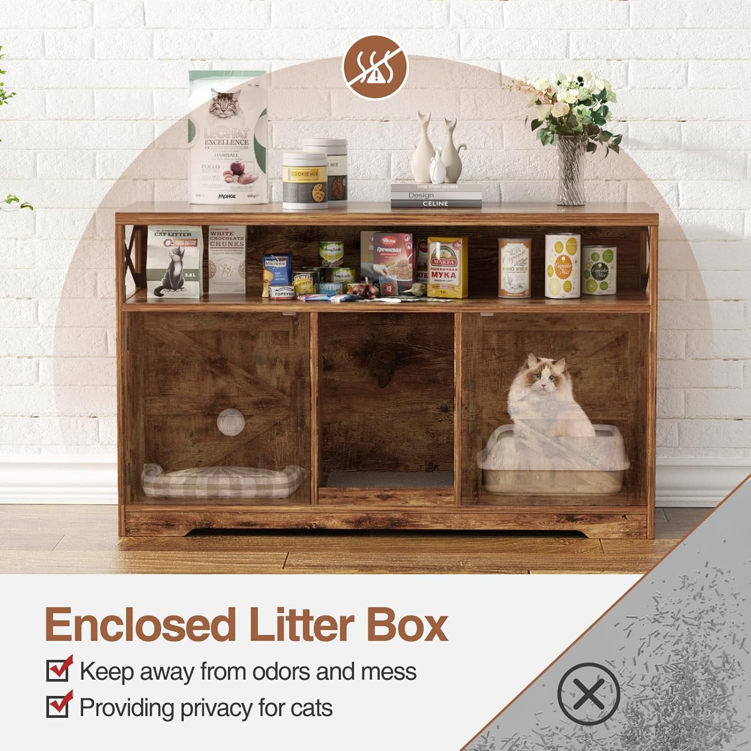 VEANERWOOD 47" Large Wood Cat Litter Box Enclosure, Hidden Cat House Washroom Furniture with Scratch Pad and Storage Shelf