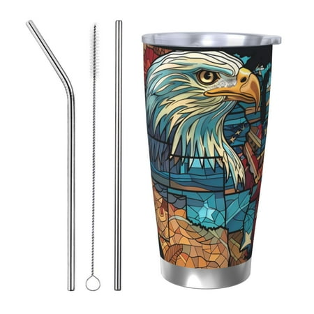 

Salouo Stained Glass Eagle USA Print 20oz Tumbler with Lid Stainless Steel Vacuum Insulated Tumbler Durable Insulated Coffee Mug Thermal Cup with Splash Proof Sliding Lid-Straw Three-piece Set