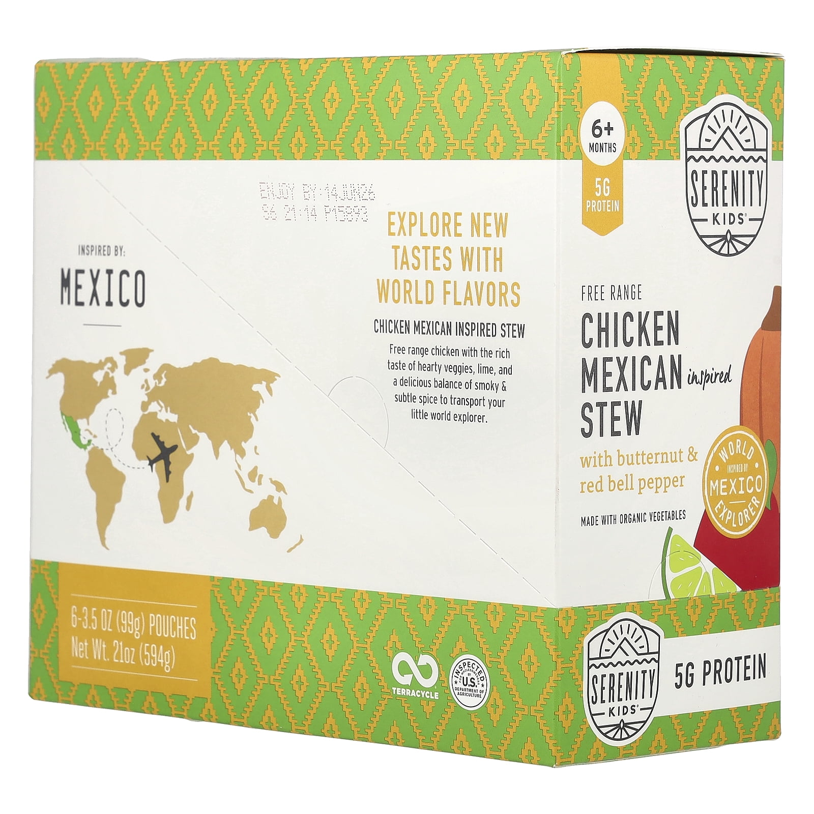 Serenity Kids Free Range Chicken Mexican Inspired Stew with Butternut & Red Bell Pepper, 6+ Months, 6 Pouches, 3.5 oz (99 g) Each