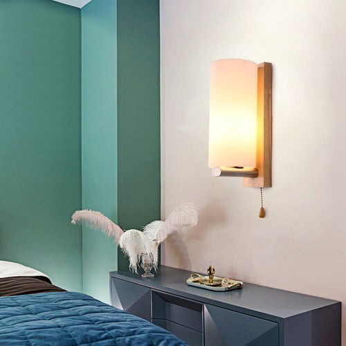 Modern Glass Wooden Wall Lamp Bedroom Sconces Light Fixture Decor &Pull Switch