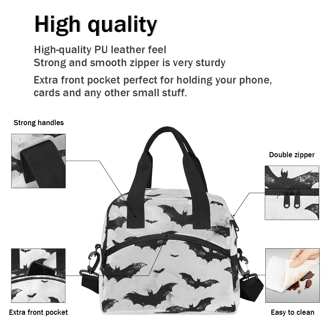 Herdesigns Halloween Bat Insulated Lunch Bag for Women Men Adults Large Reusable Lunch Box Spooky Bat Leakproof Cooler Tote Bags with Adjustable Shoulder Strap