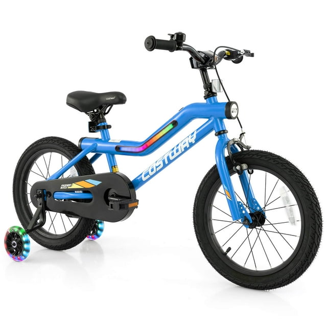Costway Vélo pour Enfants 16 Pouces à DEL avec Siège Ajustable, Frein à Rétropédalage, Roues Stabilisatrices, Bleu