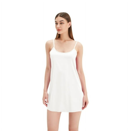 Milue Women Satin Spaghetti Strap Nightgown Long Slip Sleep Dress Sexy V-Neck Plain Solid Color Flared Hem Chemise Lingerie