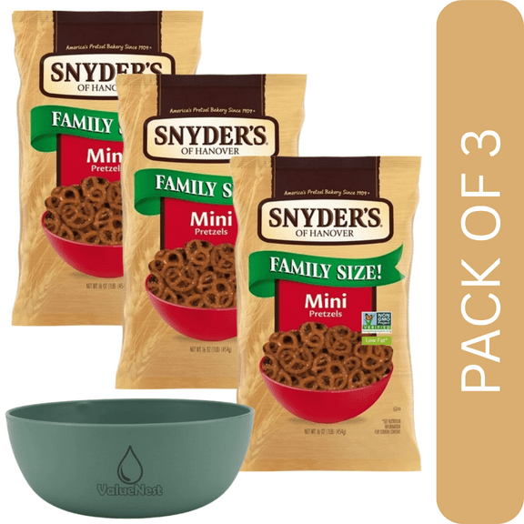 3 Pack Of Snyder's of Hanover Mini Pretzels, Lightly Salted Crunchy Snack, 16 oz Bag – Classic Party Snack & Lunchbox Favorite, With Olive Green Bowl By Value Nest