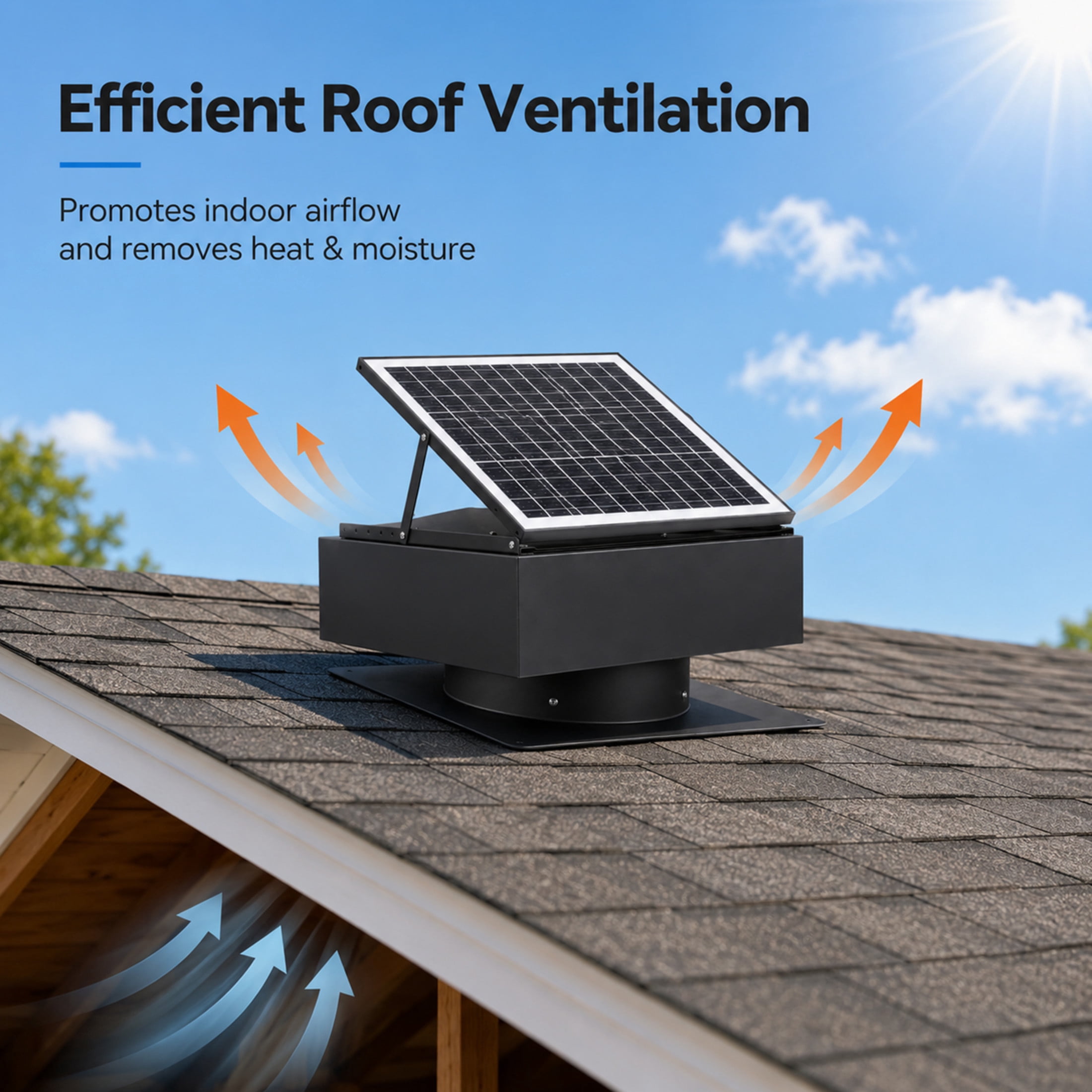 Noble House 14" Adjustable Square Solar Roof Exhaust Fan, 60W Dual Power High Airflow Ventilator for Attics, Black