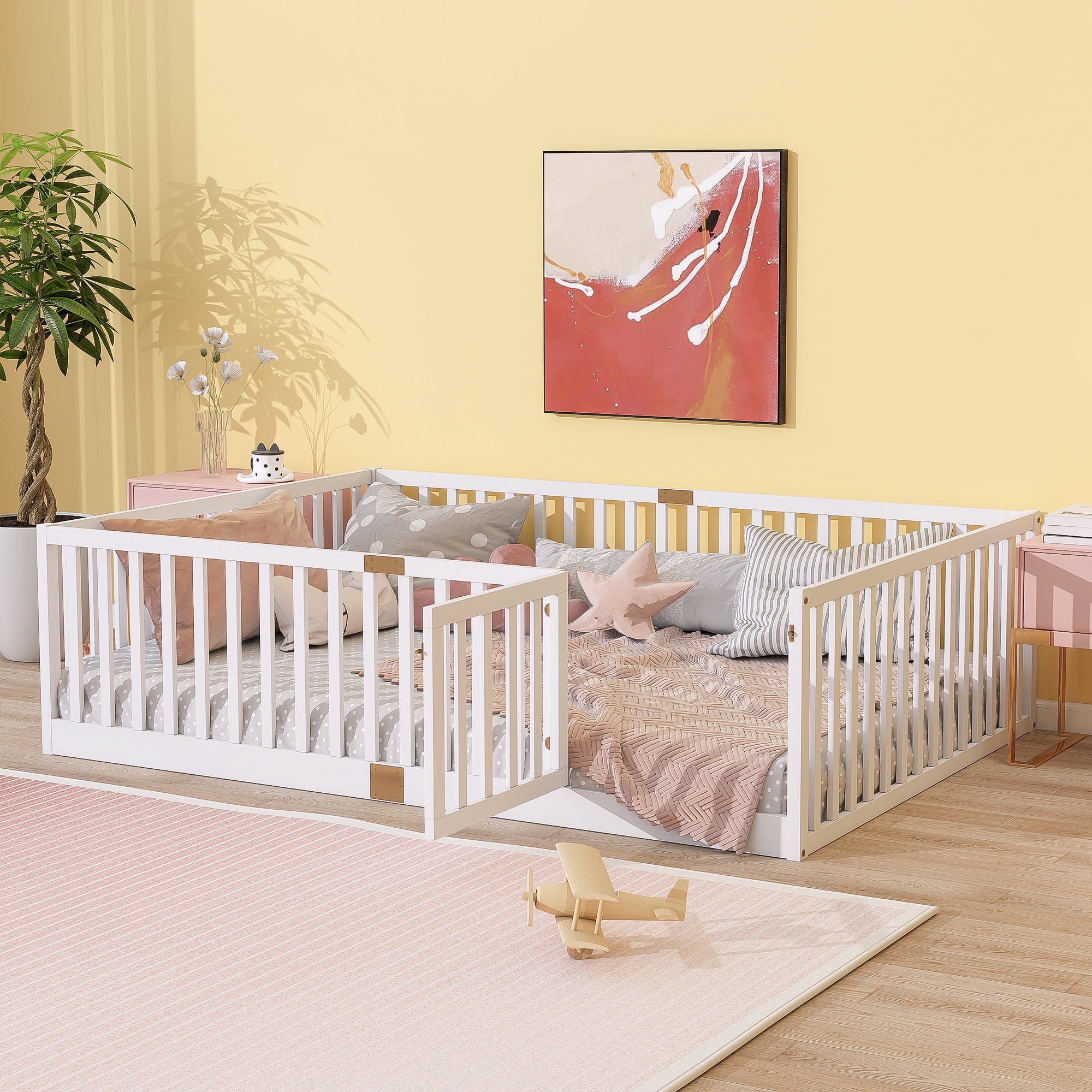 Full Size Rubber Wood Floor Bed with High Fence Railings and Revolving Door, White Safety Guardrails Kids Platform Bed with 6 Support Slats for Compact Bedroom